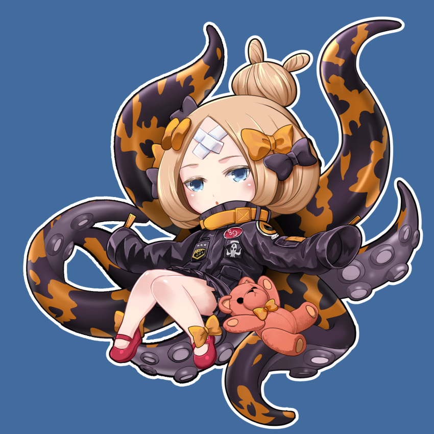 1girl, :o, abigail_williams_(fate/grand_order), bangs, black_bow, black_jacket, blonde_hair, bloodink
