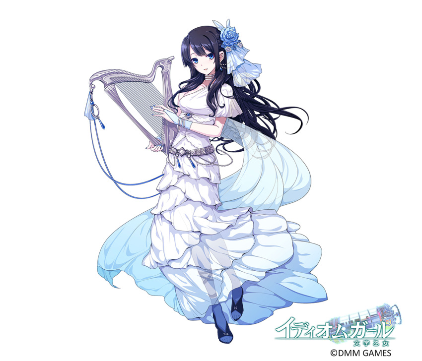 1girl, black_footwear, black_hair, blue_gloves, blue_legwear, blue_nails, breasts, company_name, copyright_name, dougan_calpis_con, dress, earrings, fingerless_gloves, flower, full_body, gloves, hair_flower, hair_ornament, holding, holding_instrument, idiom_girl, instrument, jewelry, long_hair, looking_at_viewer, lyre, medium_breasts, nail_polish, official_art, see-through, simple_background, solo, standing, toes, very_long_hair, watermark, white_background, white_dress