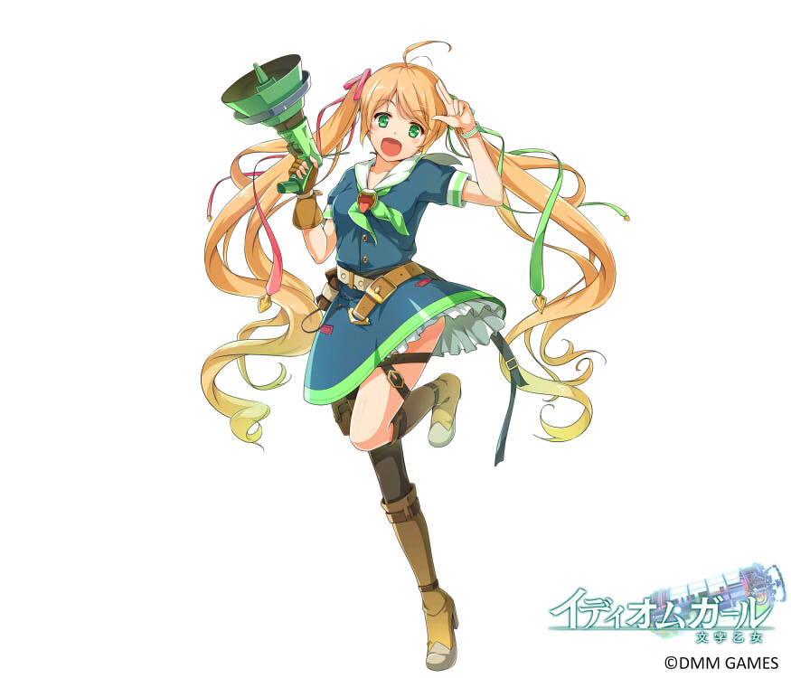 1girl, :d, ahoge, belt, blonde_hair, blue_dress, boots, breasts