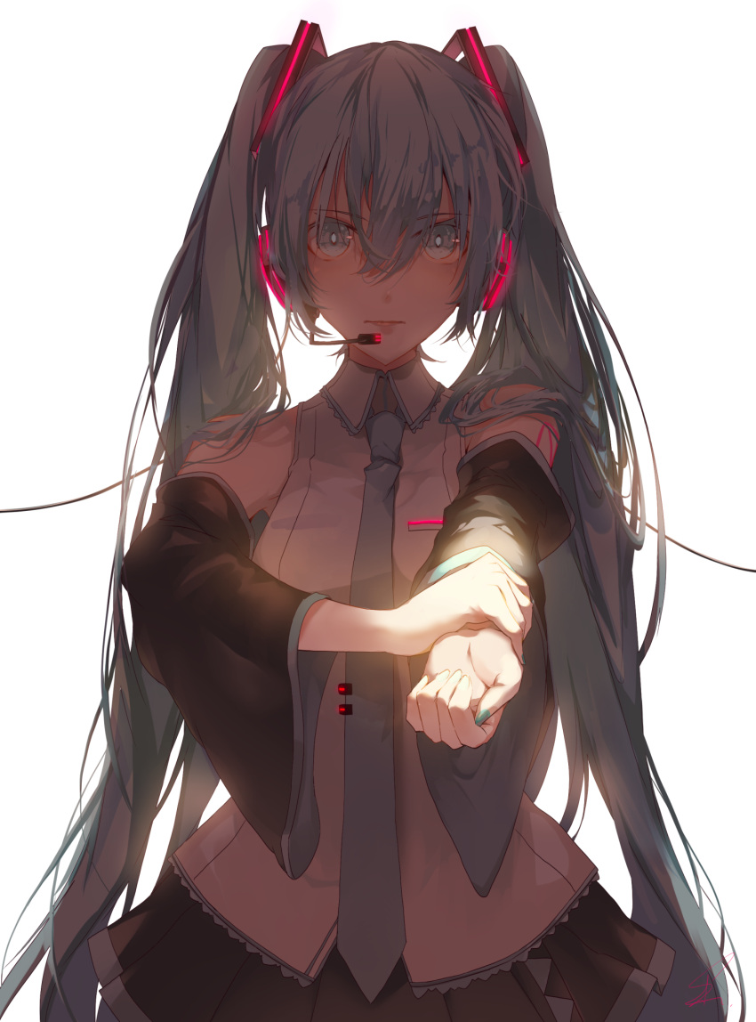 1girl, badbye_(vocaloid), bangs, black_skirt, black_sleeves, blue_eyes, blue_hair, blue_neckwear