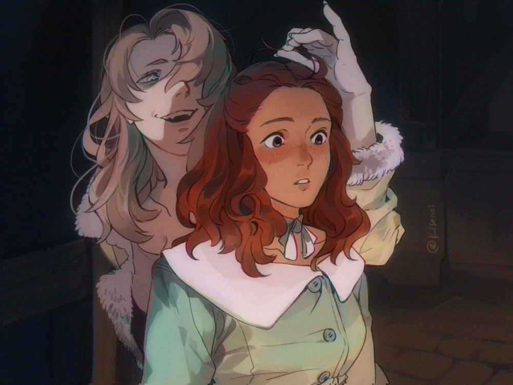 2girls, black_eyes, breasts, brown_hair, buttons, cleavage, collarbone, commentary, dark_skin, disney, english_commentary, fangs, fingernails, floor, freckles, indoors, kisenoi, lady_(disney), lady_and_the_tramp, light_brown_hair, long_fingernails, long_hair, long_sleeves, medium_breasts, medium_hair, multiple_girls, multiple_sources, peg_(disney), personification, signature, twitter_username, upper_body, wall