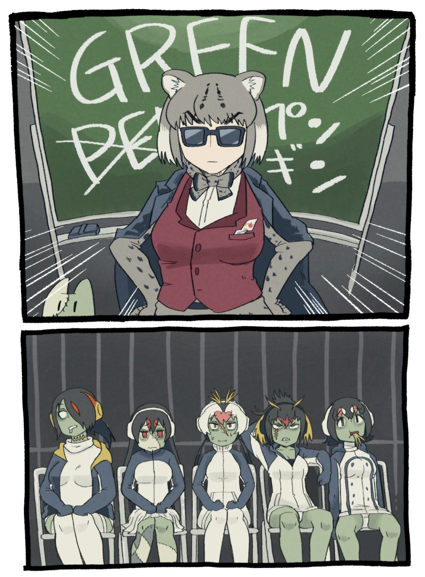 6+girls, :i, :|, animal_ears, black_eyes, black_hair, bow, bowtie, cat_ears, chair, chalkboard, closed_mouth, commentary_request, emperor_penguin_(kemono_friends), emphasis_lines, eyebrows_visible_through_hair, gentoo_penguin_(kemono_friends), green_skin, grey_hair, hair_over_one_eye, hands_on_hips, highres, hood, hoodie, humboldt_penguin_(kemono_friends), jacket_on_shoulders, kemono_friends, lucky_beast_(kemono_friends), margay_(kemono_friends), margay_print, multicolored_hair, multiple_girls, myanmar_(tenrai_ha), penguins_performance_project_(kemono_friends), print_neckwear, red_eyes, rockhopper_penguin_(kemono_friends), royal_penguin_(kemono_friends), scar, short_hair, sitting, stitches, sunglasses, v-shaped_eyebrows, wavy_mouth, white_hair, zombie, zombie_land_saga