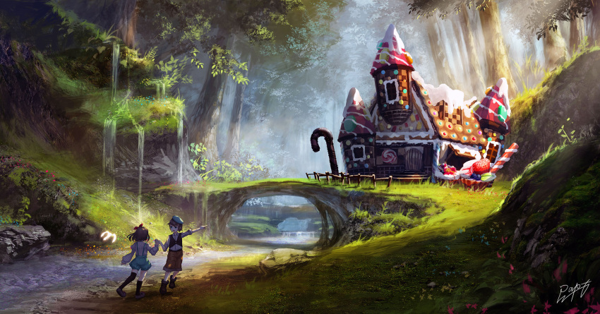 1boy, 1girl, animal, beret, bird, black_legwear, blue_eyes, blue_shorts, blueberry, boots, bow, brown_hair, brown_shorts, building, candy, candy_cane, commentary_request, cupcake, day, door, facing_away, fantasy, fence, flower, food, forest, fruit, glowing, grass, hair_bow, hand_holding, hat, highres, house, juliet_sleeves, kneehighs, leaf, lollipop, long_sleeves, looking_at_another, mary_janes, mismatched_legwear, nature, original, outdoors, pointing, puffy_sleeves, rapt_(47256), red_bow, river, rock, scenery, shirt, shoes, short_hair, shorts, signature, sleeves_past_wrists, strawberry, striped, striped_shirt, sunlight, suspenders, swirl_lollipop, thigh-highs, tree, vest, water, waterfall, window