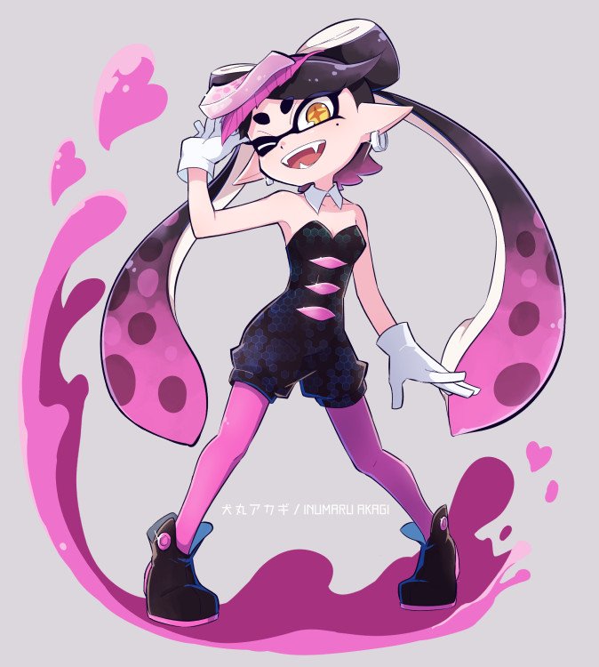 +_+, 1girl, aori_(splatoon), artist_name, black_hair, black_jumpsuit, brown_eyes, commentary_request