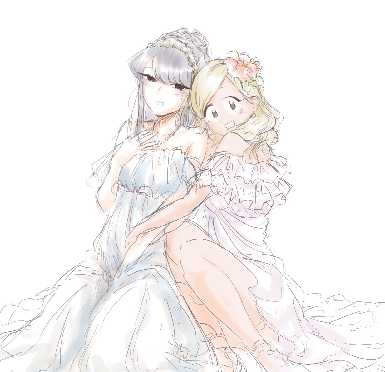 2girls, black_eyes, black_hair, blonde_hair, dress, flower, hair_flower, hair_ornament