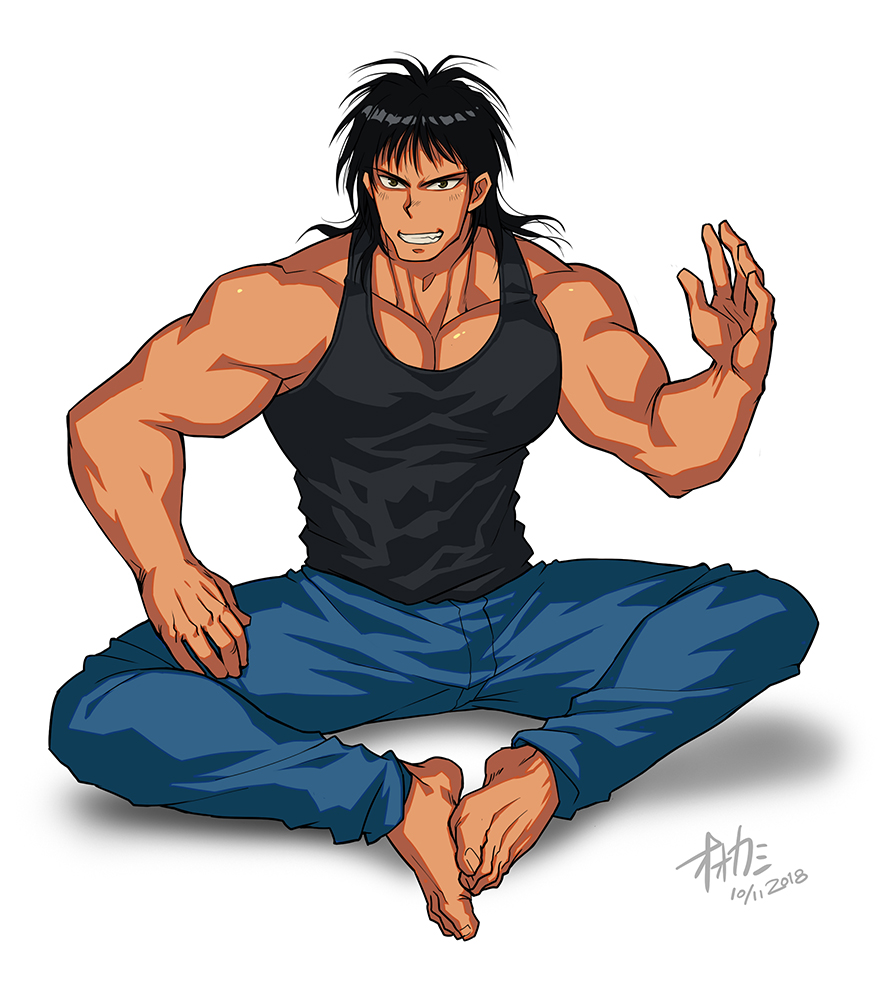 1boy, abs, ashihana_eiryou, barefoot, black_eyes, black_hair, black_shirt, blue_pants