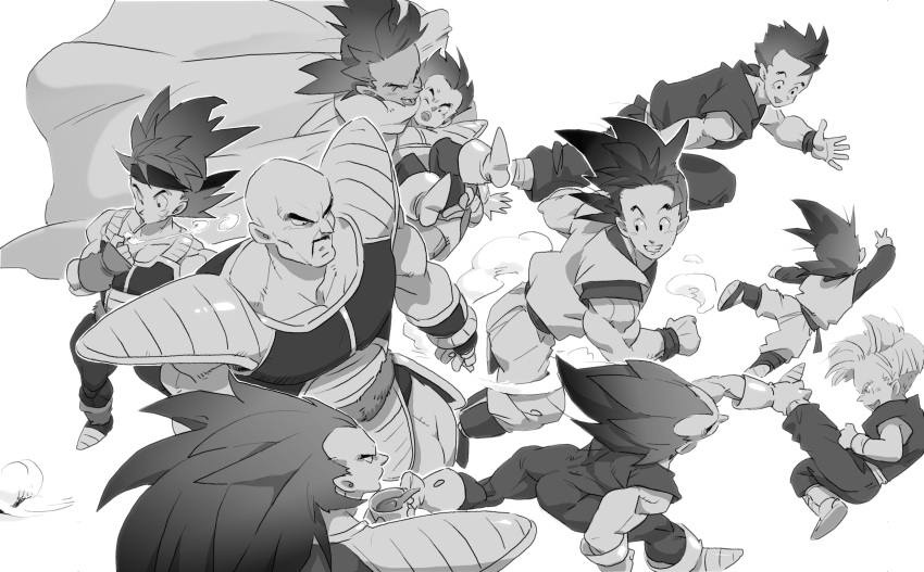 6+boys, :>, :p, ^_^, absurdres, armor, bald, bardock, black_eyes, black_hair, boots, cape, carrying, closed_eyes, closed_eyes, dragon_ball, dragonball_z, facing_away, floating_hair, flying, frown, full_body, greyscale, grin, happy, highres, long_hair, male_focus, monochrome, multiple_boys, nappa, open_mouth, profile, raditz, running, short_hair, simple_background, smile, smoke, smoking, son_gohan, son_gokuu, son_goten, spiky_hair, supobi, tarble, teeth, tongue, tongue_out, trunks_(dragon_ball), tullece, v, vegeta, very_long_hair, white_background, wristband
