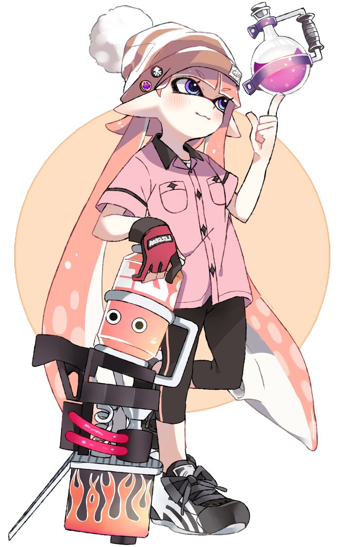 1girl, badge, bangs, black_footwear, black_legwear, blaster_(splatoon), blouse, blunt_bangs