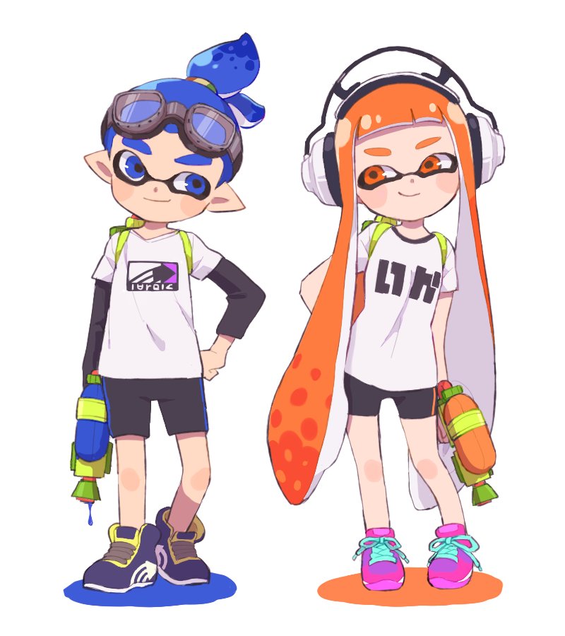 1boy, 1girl, bangs, bike_shorts, black_footwear, black_shorts, blue_eyes, blue_hair