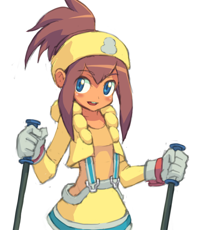 1girl, blue_eyes, blush, brown_hair, child, cowboy_shot, cropped_jacket, gloves, hair_between_eyes, headband, high_ponytail, long_hair, nameshida_ai, open_mouth, rockman, ryuusei_no_rockman, ryuusei_no_rockman_2, simple_background, ski_pole, smile, solo, white_background, white_gloves, yellow_headband, yuusuke_(5yusuke3)
