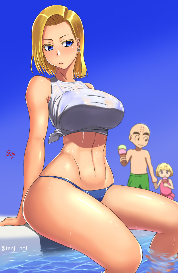 1boy, 2girls, android_18, arm_strap, artist_name, bald, bikini, bikini_under_clothes