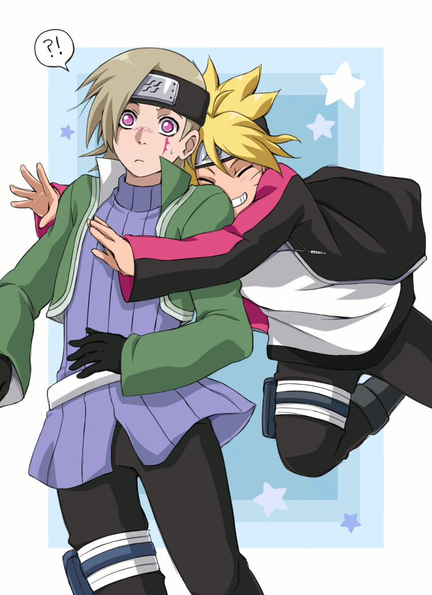!?, 2boys, blonde_hair, blush, boruto:_naruto_next_generations, forehead_protector, highres, hug