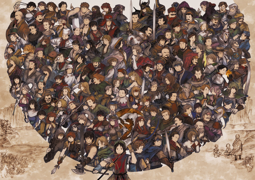 black_hair, breasts, brown_hair, character_request, cleavage, cleo_(suikoden), commentary_request, everyone