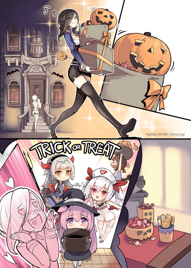 5girls, animal_ears, ark_royal_(azur_lane), azur_lane, bat, blush, box, character_request, dress, ear_down, eyebrows_visible_through_hair, flying_sweatdrops, gift, hair_over_one_eye, halloween, halloween_costume, hat, heart, horns, kisaragi_(azur_lane), long_hair, multiple_girls, mutsuki_(azur_lane), nurse, nurse_cap, open_mouth, phandit_thirathon, pink_hair, pumpkin, red_eyes, ribbon, silver_hair, skirt, sweat, thigh-highs, trembling, trick_or_treat, trick_or_treatment, twintails, violet_eyes, yuri, z46_(azur_lane)