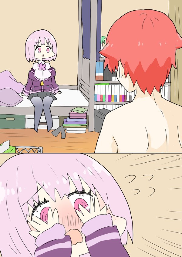 1boy, 1girl, 2koma, ashitaba_tomorou, bangs, barefoot, black_legwear, black_skirt, blush, book, bow, bowtie, breasts, collared_shirt, comic, commentary_request, couple, eyebrows_visible_through_hair, hands_on_own_face, hetero, hibiki_yuuta, jacket, large_breasts, long_sleeves, looking_at_another, miniskirt, open_clothes, open_jacket, pantyhose, pillow, pilot, pink_bow, pink_hair, pink_neckwear, pleated_skirt, purple_jacket, red_eyes, redhead, school_uniform, shinjou_akane, shirt, shirtless, short_hair, sitting, skirt, ssss.gridman, white_shirt, wing_collar