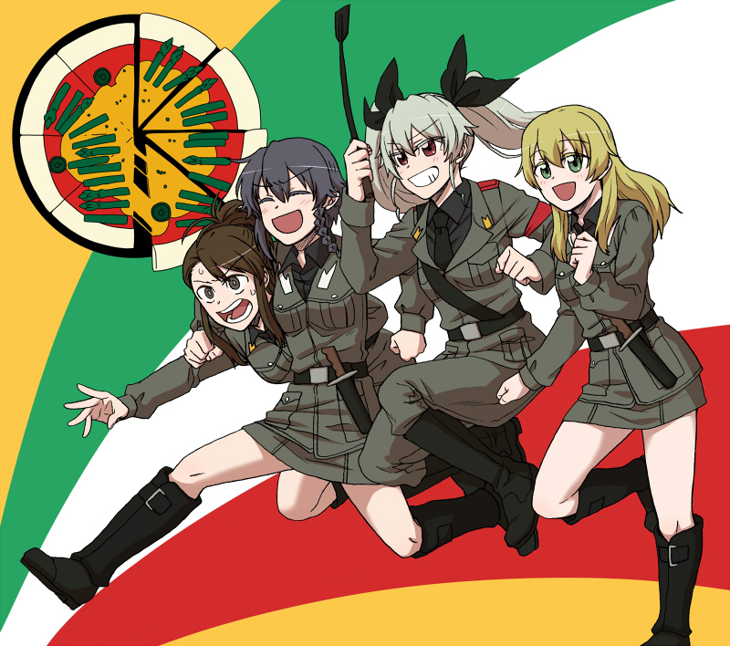 4girls, :d, amaretto_(girls_und_panzer), anchovy, anzio_(emblem), anzio_military_uniform, arm_around_neck, asymmetrical_bangs