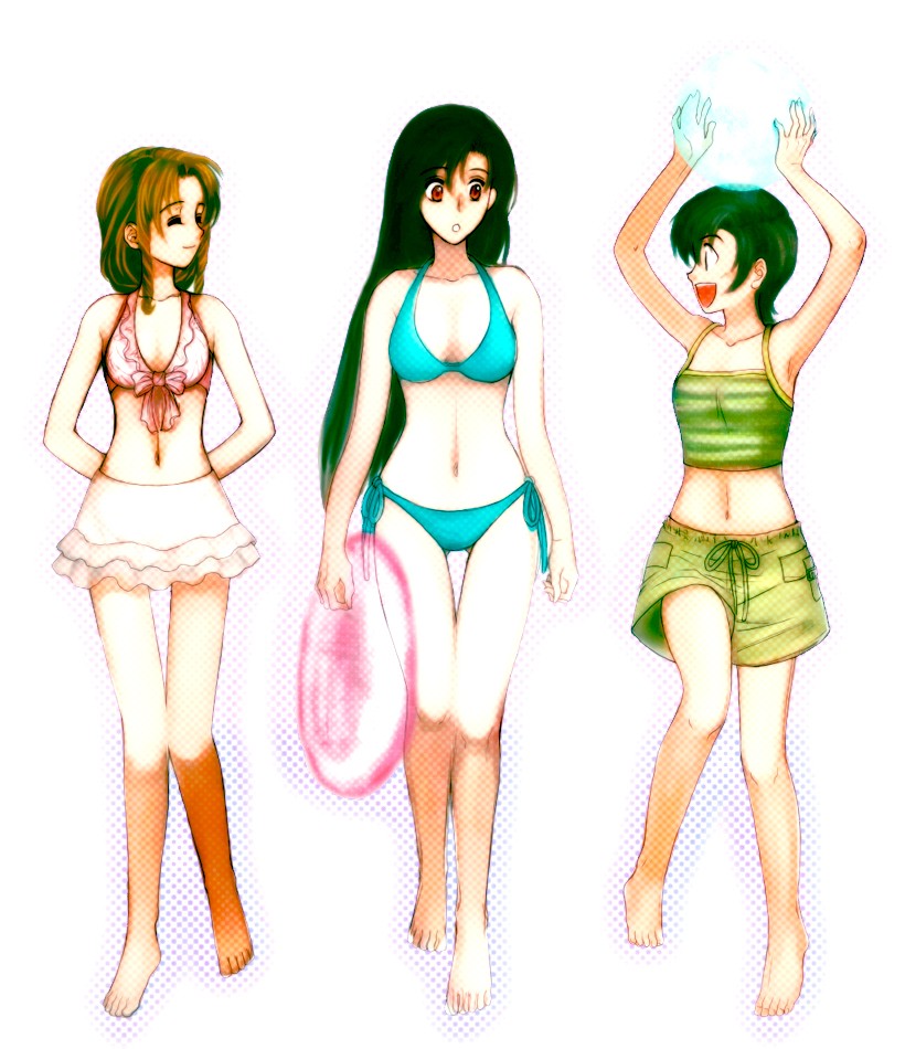 aerith_gainsborough, akaza_shiro, armpits, arms_up, ball, bare_shoulders, beachball, bikini
