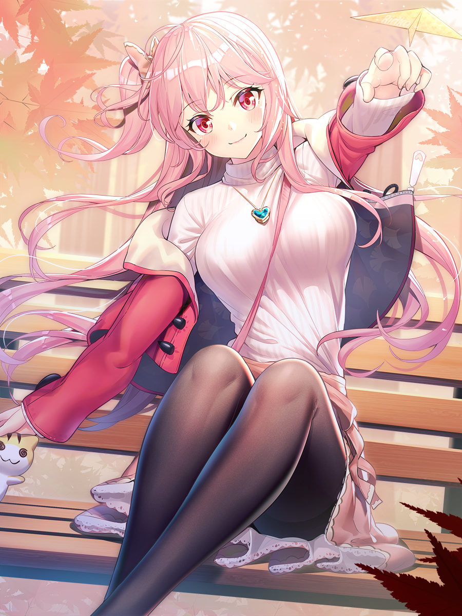 1girl, animal, autumn_leaves, bangs, bench, black_legwear, blush, bow