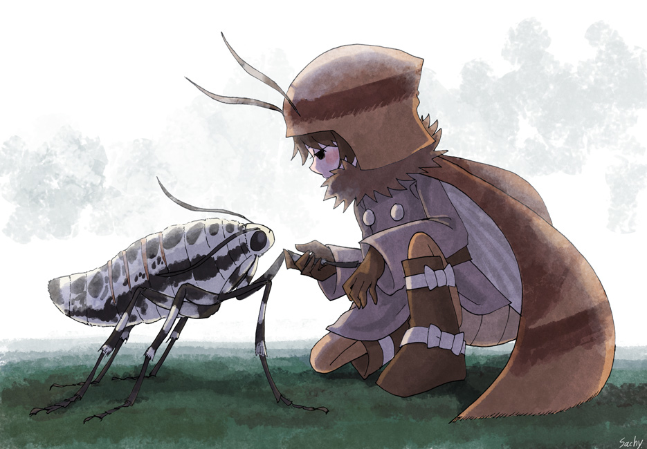 ambiguous_gender, antennae, beanie, black_eyes, boots, brown_hair, bug, coat, commentary_request, expressionless, eye_contact, fur_collar, giant_insect, gloves, gray_coat, hat, insect, insect_wings, jitome, kneeling, large_wings, looking_at_another, moth_wings, no_pants, one_knee, original, outstretched_hand, short_hair, white_background, wings