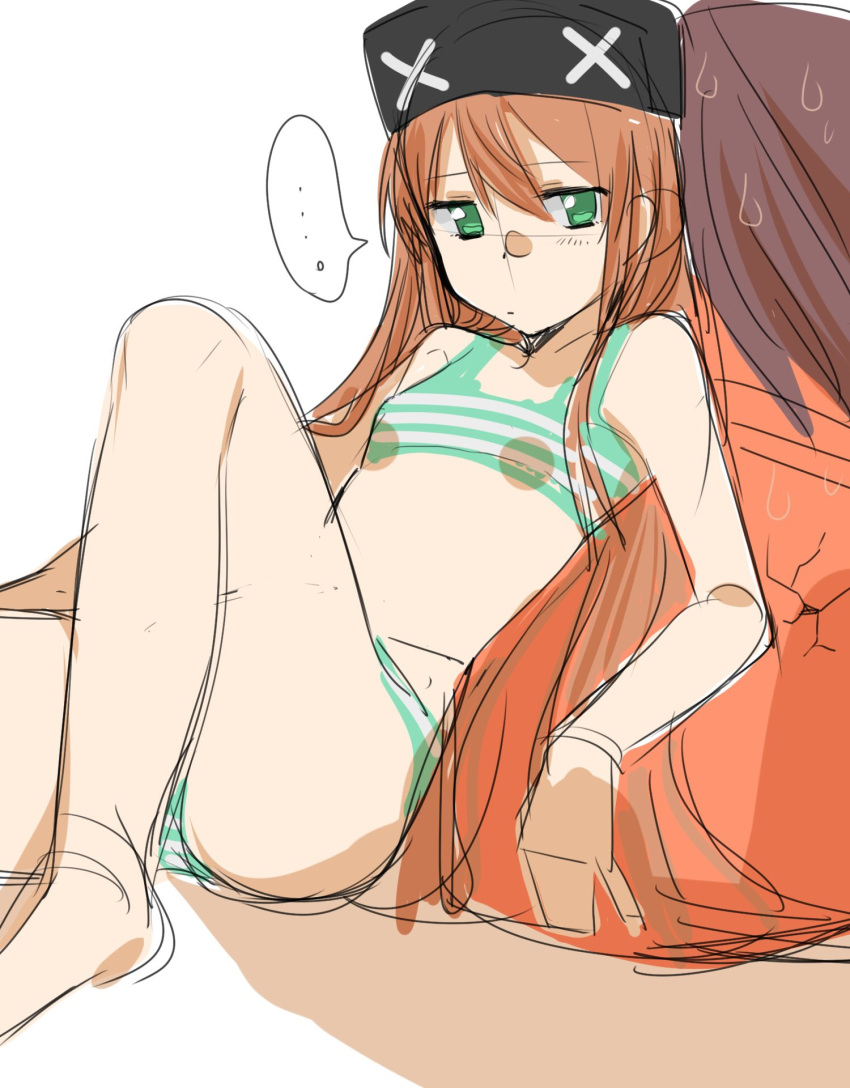 ..., 1boy, 1girl, bra, brown_hair, commentary, el_mofus_(rance_10), green_eyes, hanny, hat, highres, leaning_back, long_hair, looking_at_viewer, nagata-kun, panties, rance_(series), rance_10, shadow, sicosour2, simple_background, sitting, sketch, speech_bubble, striped, striped_bra, striped_panties, underwear, underwear_only, white_background