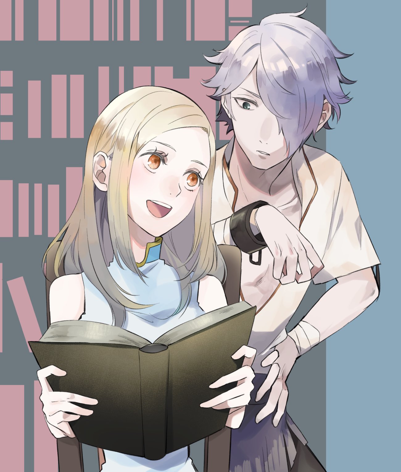 1boy, 1girl, blonde_hair, book, bracelet, dress, highres, jewelry