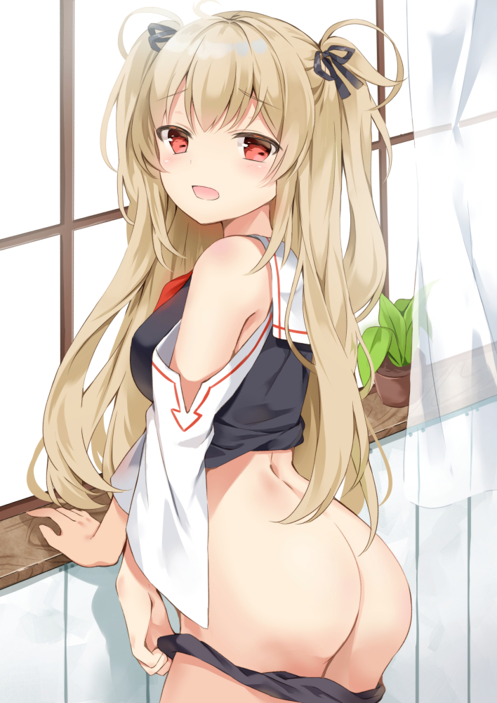 1girl, ass, black_panties, black_ribbon, blush, breasts, eyebrows_visible_through_hair, hair_ribbon, kantai_collection, light_brown_hair, long_hair, looking_at_viewer, murasame_(kantai_collection), open_mouth, panties, plant, red_eyes, red_neckwear, ribbon, school_uniform, solo, standing, sugisaki_yuu, twintails, underwear, window