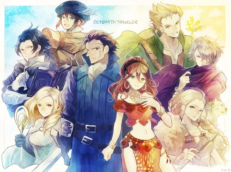 alfyn_(octopath_traveler), animal, armor, blonde_hair, bracelet, braided_ponytail, brown_hair, cloak