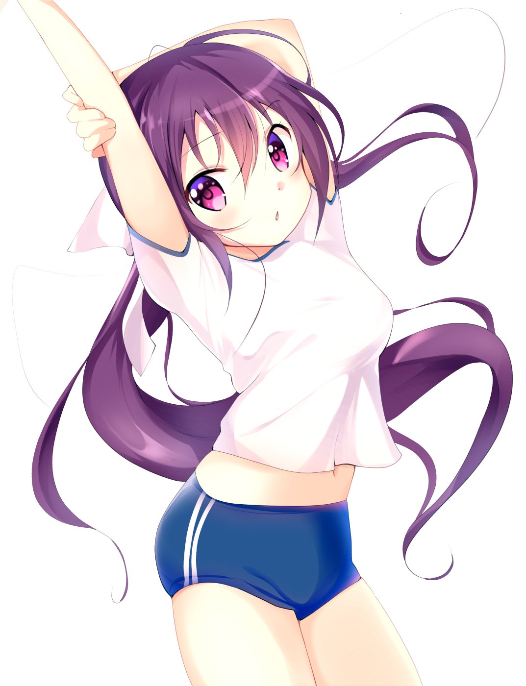 1girl, :o, arms_up, blue_buruma, bow, breasts, buruma, cowboy_shot