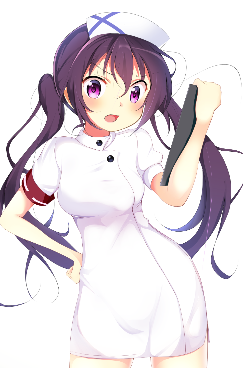 1girl, blush, breasts, contrapposto, cowboy_shot, dress, eyebrows_visible_through_hair, floating_hair