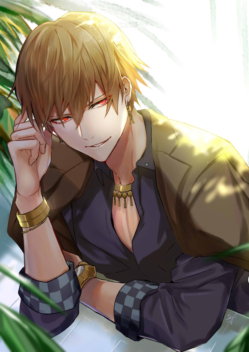 1boy, absurdres, black_shirt, brown_hair, brown_jacket, dress_shirt, earrings, fate/stay_night, fate_(series), gilgamesh, highres, jacket, jewelry, male_focus, necklace, open_clothes, open_jacket, parted_lips, red_eyes, shirt, smile, solo, tarao_(13raven), upper_body