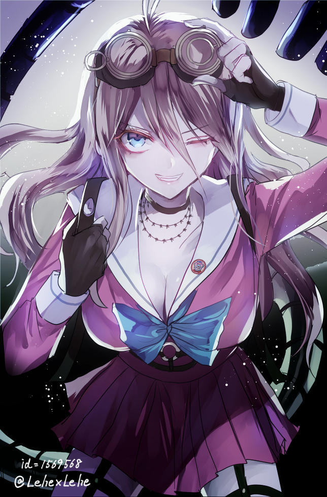 1girl, ahoge, black_gloves, blonde_hair, blue_bow, blue_eyes, bow, bowtie