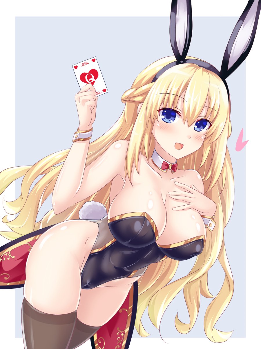 1girl, animal_ears, bare_shoulders, blonde_hair, blue_background, blue_eyes, breasts, bunnysuit, cleavage, heart, highres, kazuneko_(wktk1024), neptune_(series), open_mouth, poker, rabbit_ears, thigh-highs, vert