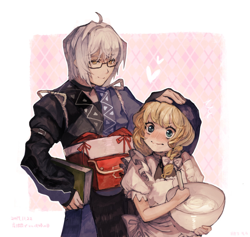 /\/\/\, 1boy, 1girl, ahoge, apron, argyle, argyle_background, bag