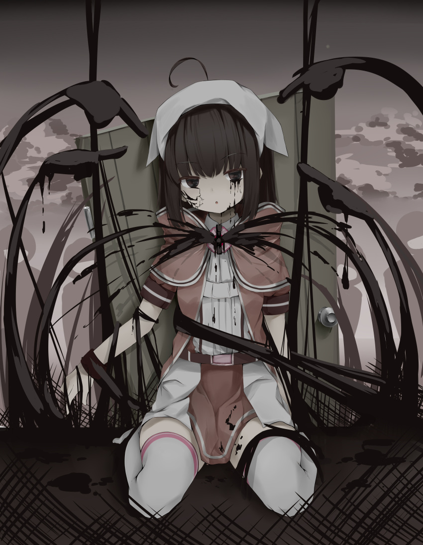 1girl, absurdres, black_hair, blue_eyes, bonnet, commentary_request, crm, eyebrows_visible_through_hair, full_body, highres, looking_at_viewer, open_mouth, original, shirt, skirt, solo, tagme, thigh-highs, white_legwear, white_shirt
