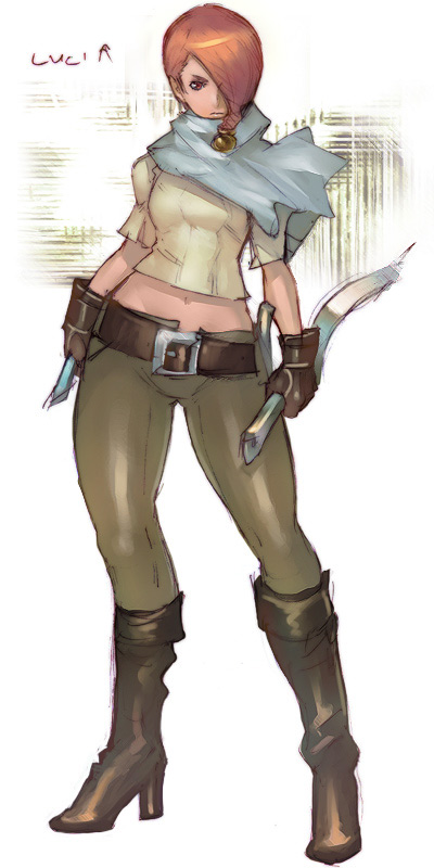 boots, capcom, crop_top, devil_may_cry, devil_may_cry_(series), devil_may_cry_2, dual_wielding, hair_over_one_eye, high_heels, knife, lucia_(devil_may_cry), memememe, midriff, orange_hair, pants, red_eyes, scarf, shoes, short_hair, skin_tight, sword, weapon