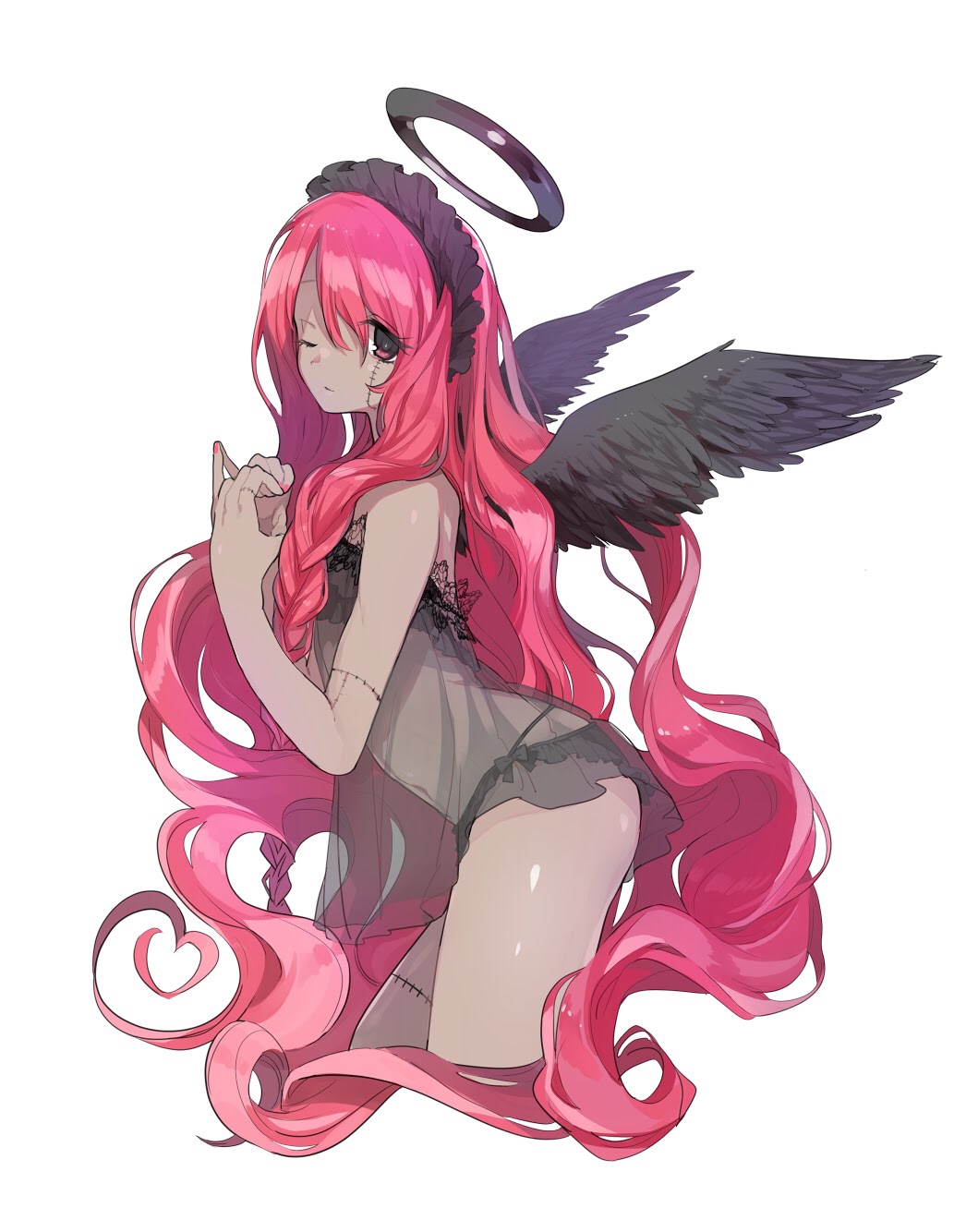 1girl, angel, angel_wings, bangs, black_bra, black_panties, black_wings, bra
