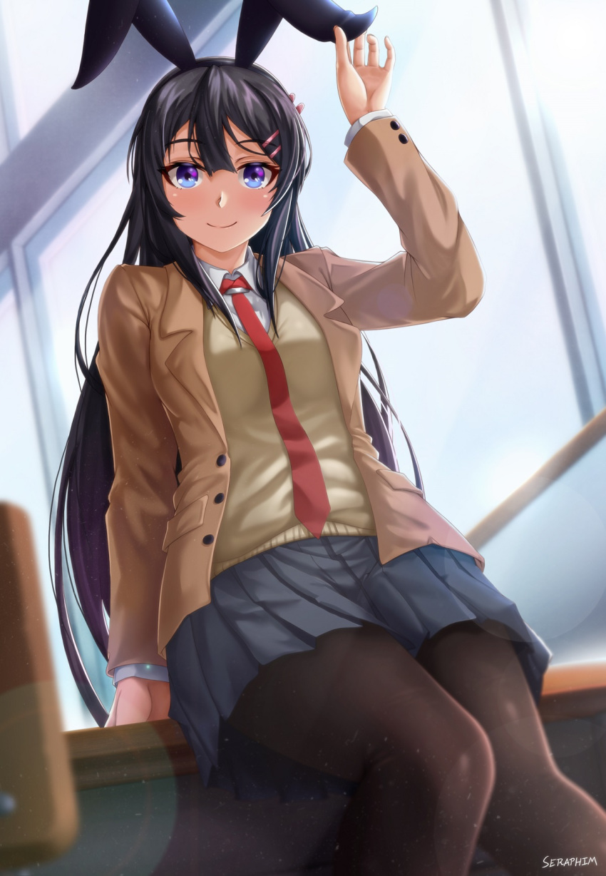 1girl, animal_ears, artist_name, black_hair, black_legwear, blue_eyes, blush, breasts