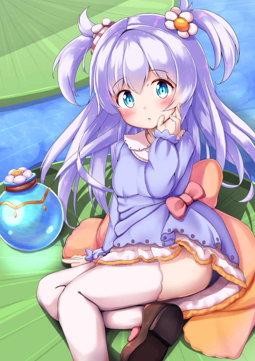 1girl, :o, baikamo_(flower_knight_girl), bangs, blue_eyes, blue_shirt, blush, bow