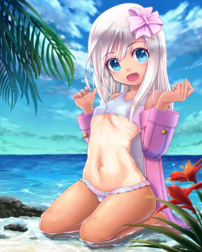 1girl, beach, bikini, blonde_hair, blue_eyes, blue_sky, clouds, commentary_request, day, flower, frilled_bikini, frills, hair_ribbon, highres, horizon, jacket, kantai_collection, leaf, long_hair, looking_at_viewer, ninjin99, ocean, one-piece_tan, open_clothes, open_jacket, open_mouth, outdoors, pink_jacket, ribbon, ro-500_(kantai_collection), rock, seiza, sitting, sky, smile, solo, swimsuit, tan, tanline, white_bikini
