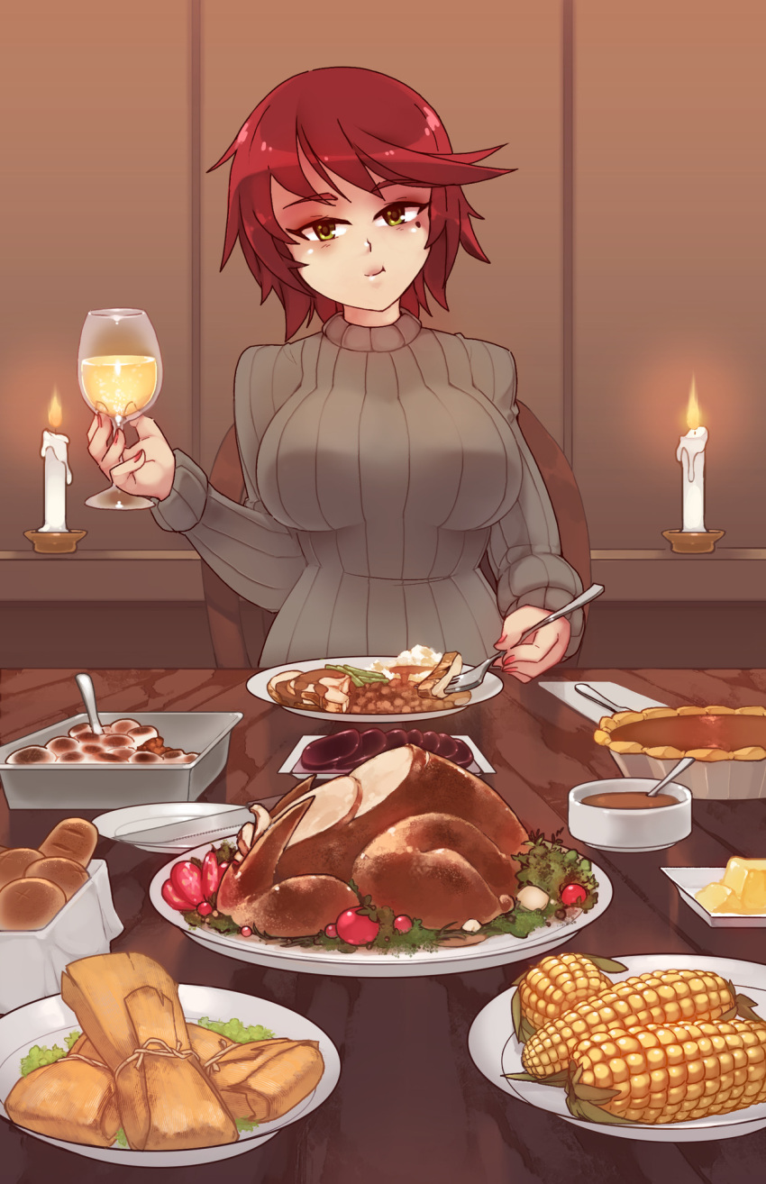 1girl, :t, bread, butter, candle, commentary, commission, corn