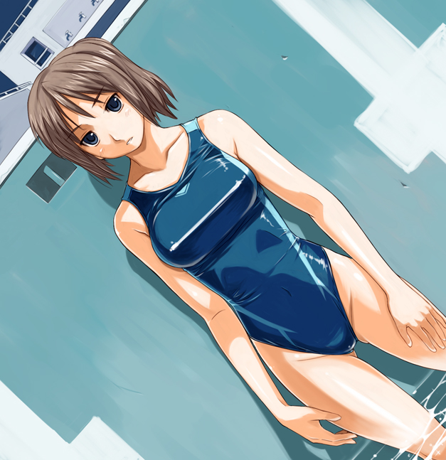 brown_hair, dutch_angle, imo_works, one-piece_swimsuit, original, school_swimsuit, short_hair, swimsuit