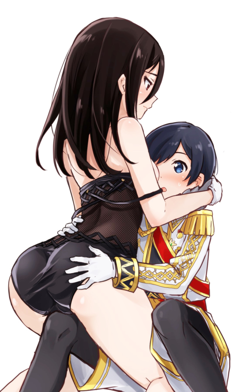 1boy, 1girl, alternate_hairstyle, arms_around_neck, ass, bare_shoulders, black_hair, black_legwear
