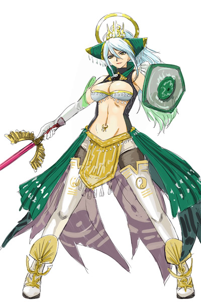 breasts, cleavage, elbow_gloves, gloves, long_hair, michael, midriff, musou_orochi
