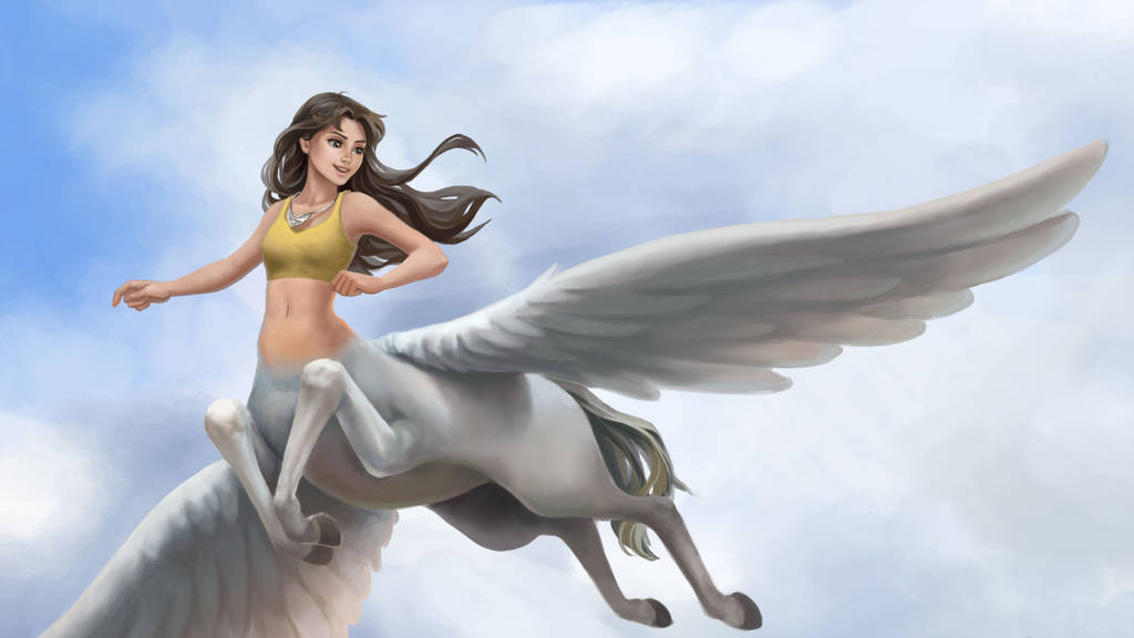 1girl, blue_eyes, brown_hair, centaur, clouds, cloudy_sky, commission, commissioner_upload