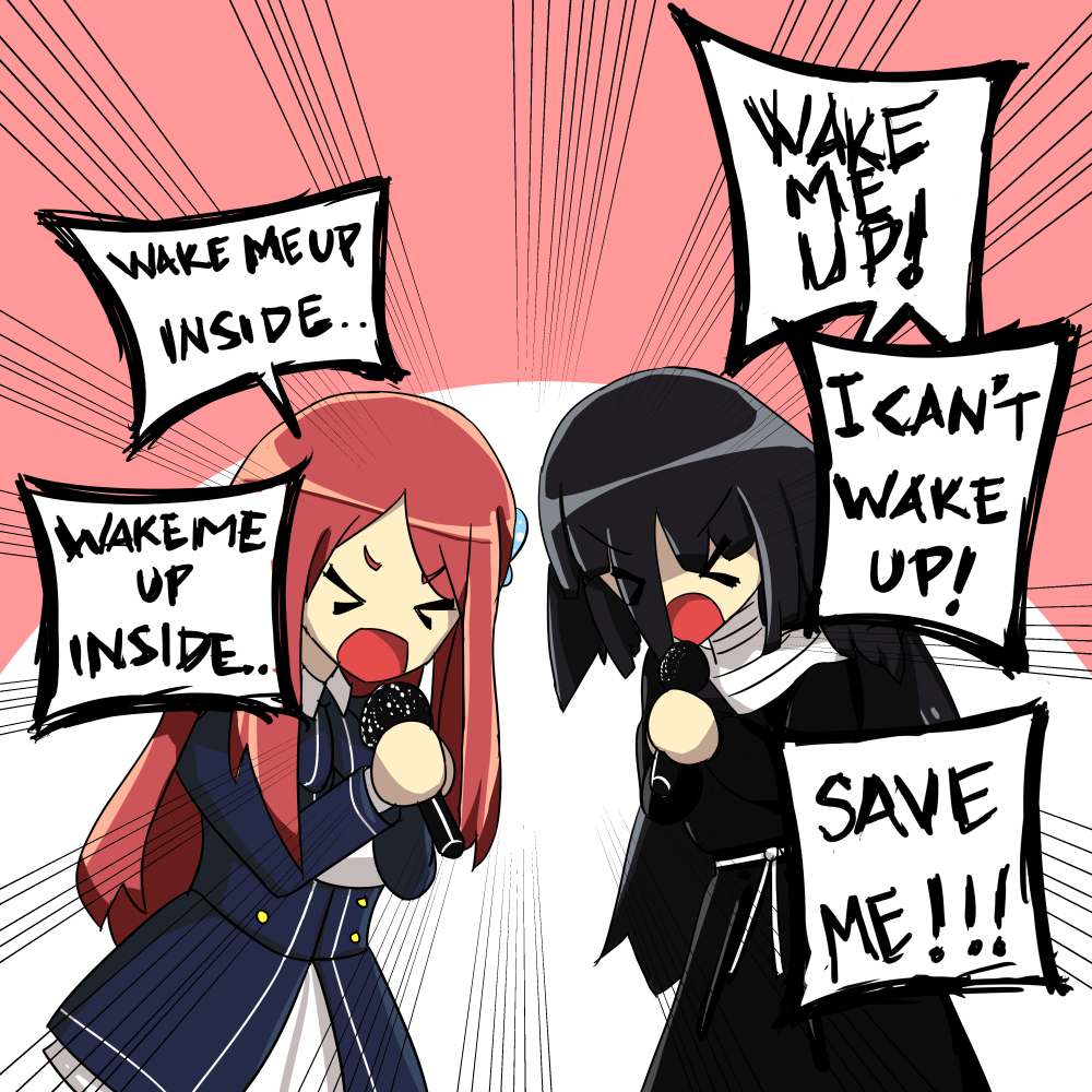 >_<, 2girls, ahoge, bandage, bima_panji_y, black_hair, bow, evanescence