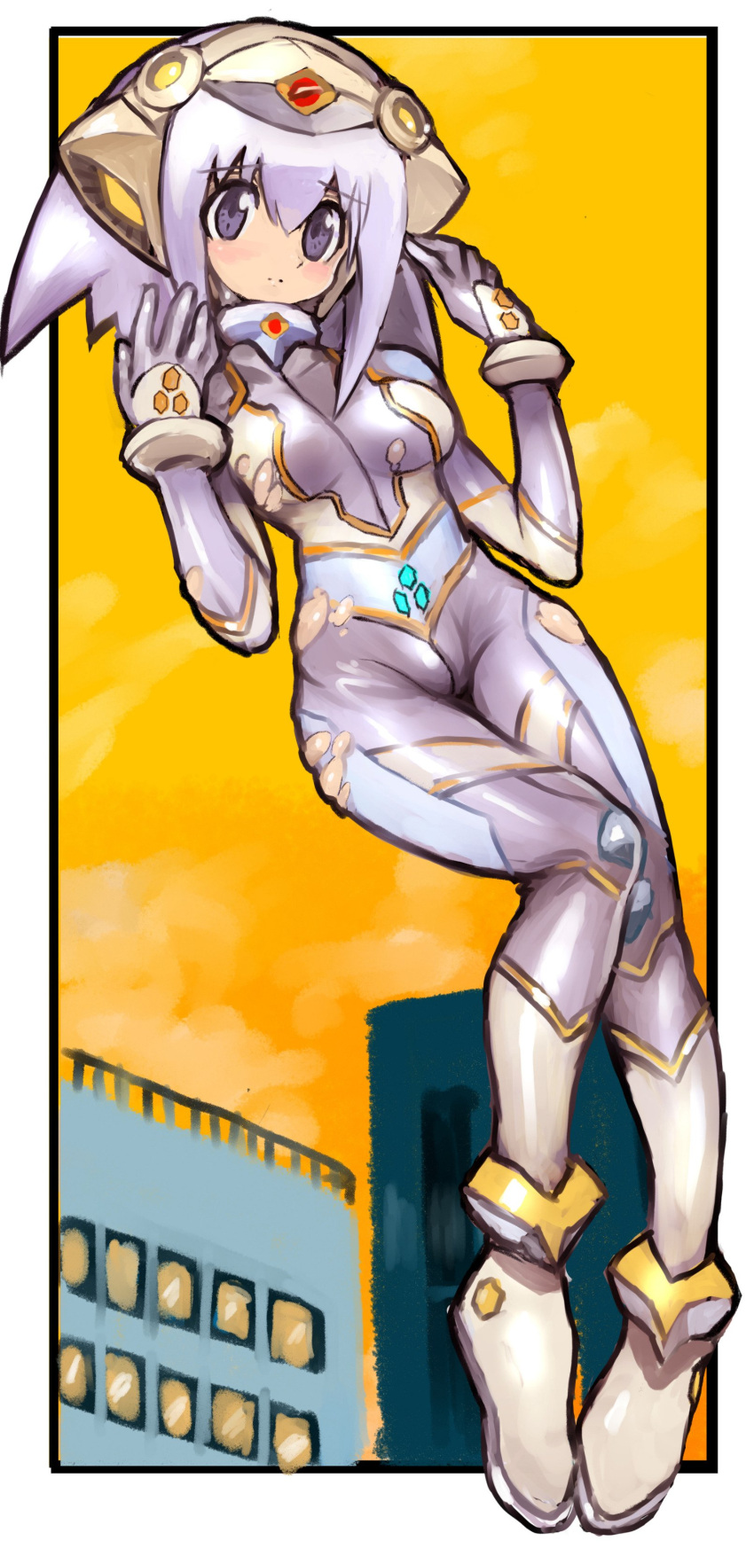 1girl, absurdres, blue_eyes, blush, bodysuit, border, breasts, dakusuta