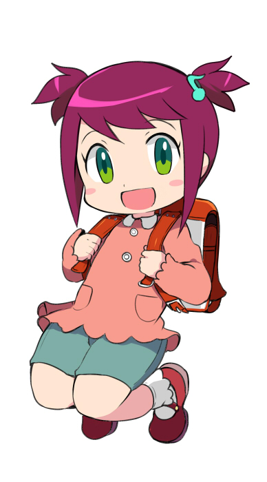 1girl, :d, backpack, bag, blush, child, full_body, green_eyes
