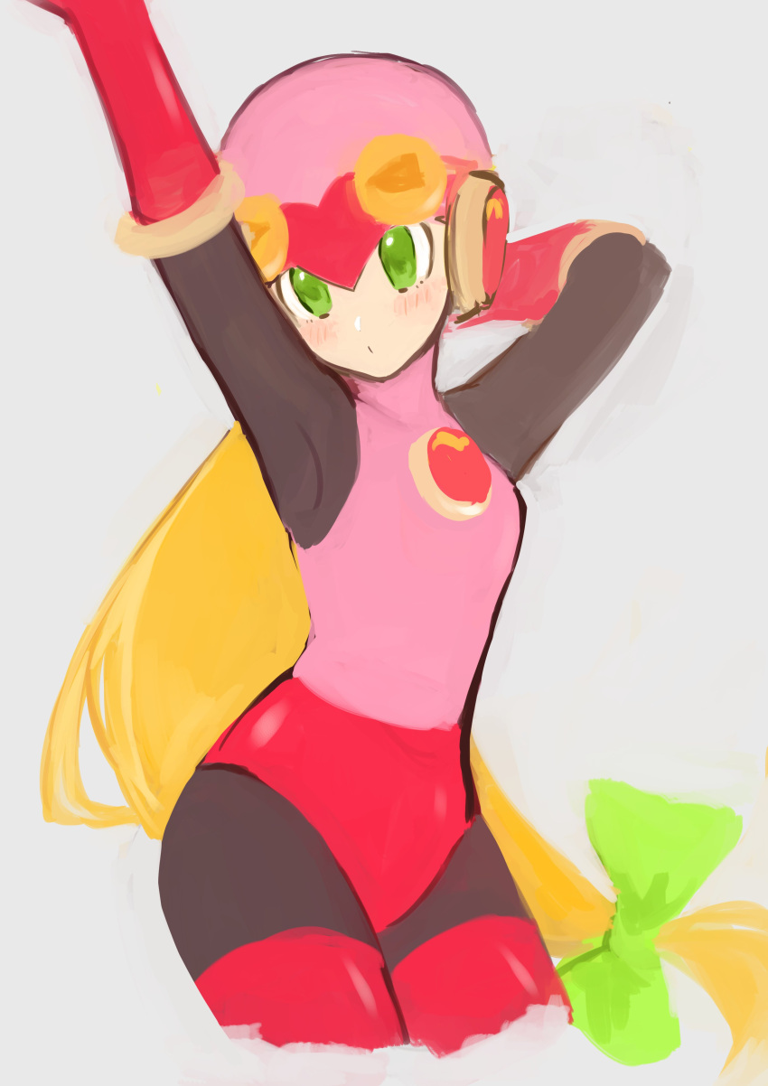 1girl, absurdres, arm_behind_head, arm_up, blonde_hair, blush, bodysuit, bow