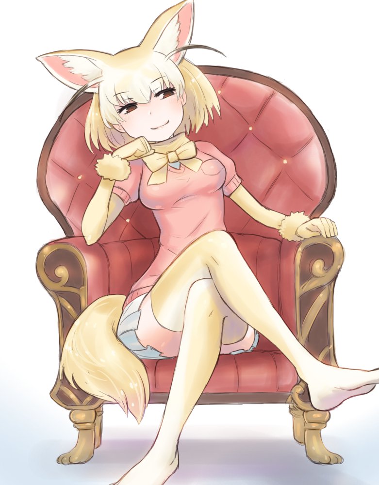 1girl, animal_ear_fluff, animal_ears, blonde_hair, bow, bowtie, chair, commentary