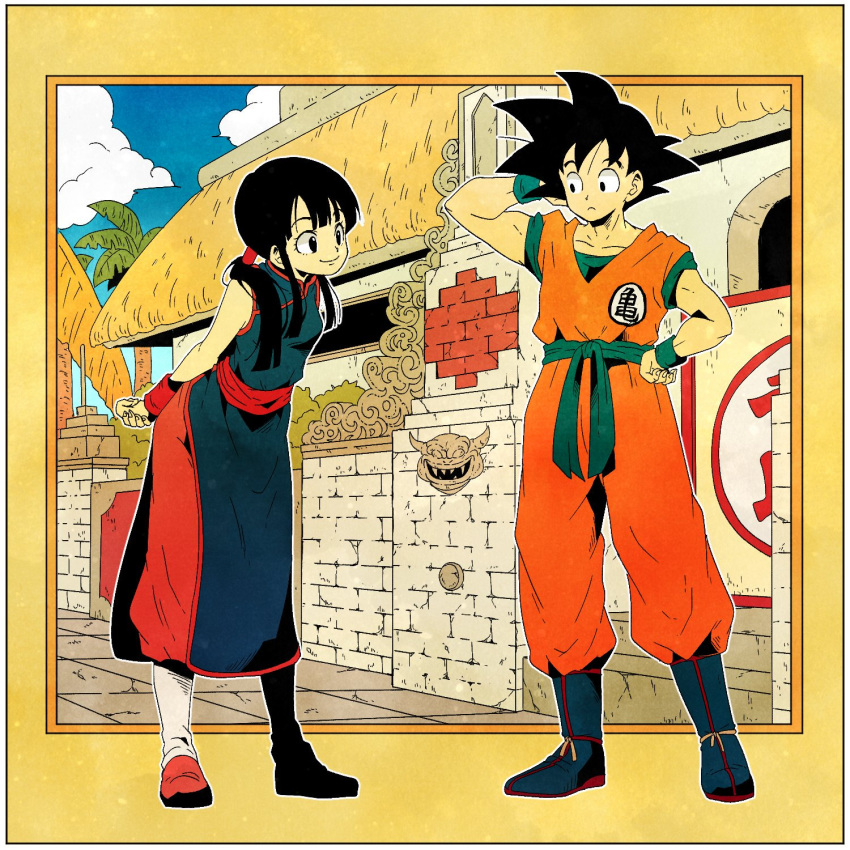 1boy, 1girl, arena, arms_behind_back, bangs, black_eyes, black_hair, blue_sky